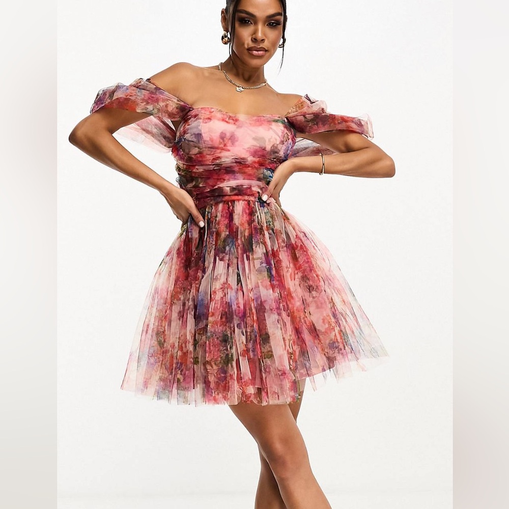 ASOS Lace & Beads Off the Shoulder Tulle Mini Dress Size - Womens 8